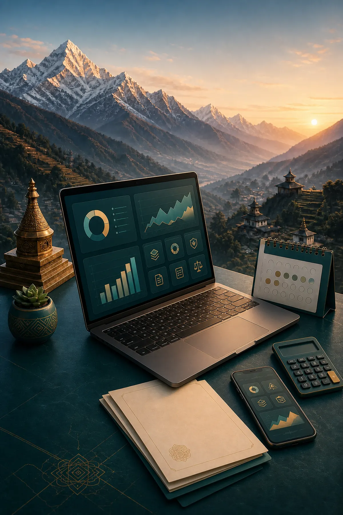 A left-facing laptop with phone, calendar, calculator and document tools on a Nepal digital workbench overlooking the Himalayas